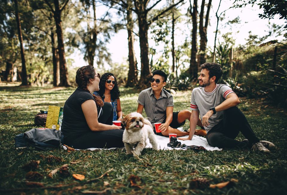 Friends on the lawn with a spaniel between them